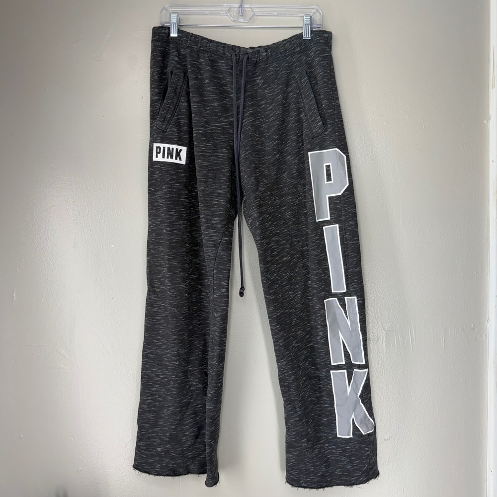 Victorias Secret PINK Sweatpants Medium Gray Space Dye Wide Leg Logo Joggers